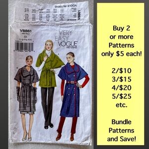 Very Easy Vogue V8861 Uncut Sewing Pattern Misses Jacket Belt (L-XL-XXL)